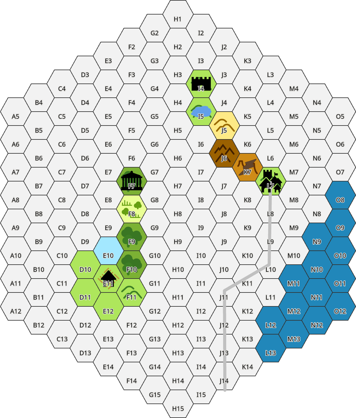 Hex map of the Queen's Reach area