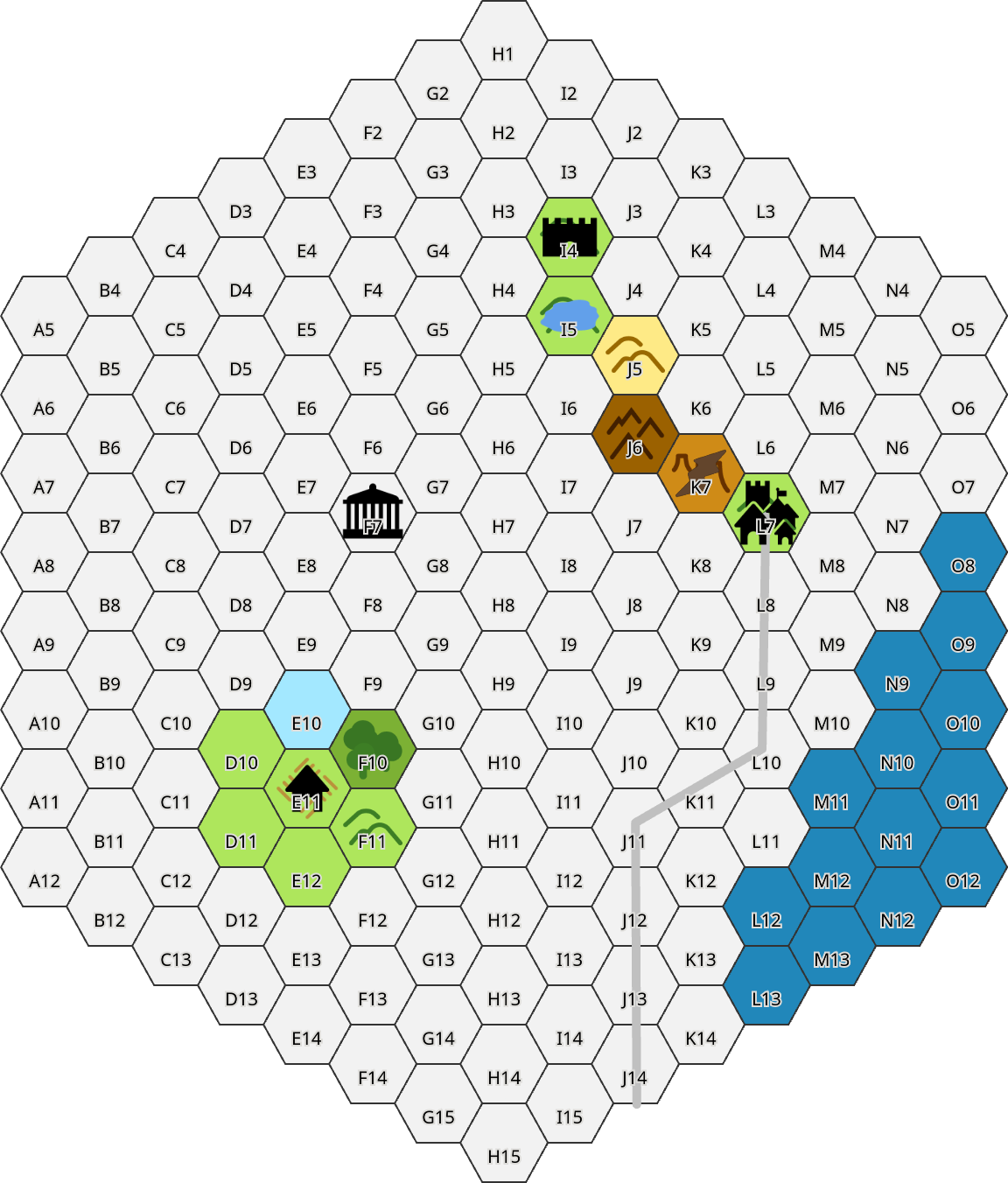 Hex map of the Queen's Reach area