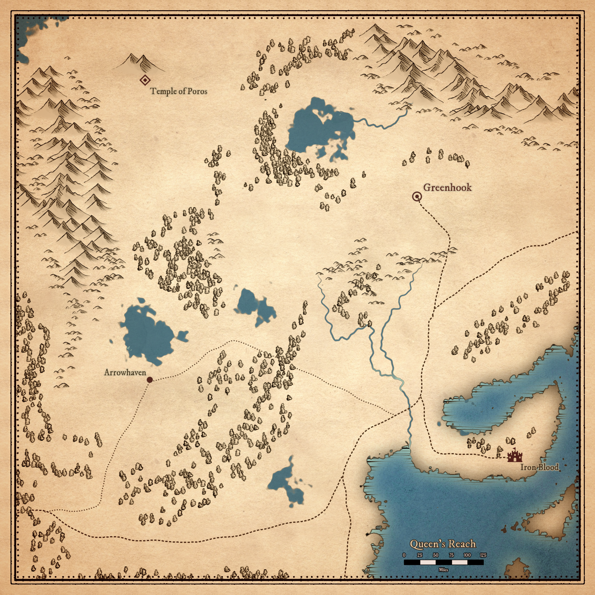 Hex map of the Queen's Reach area